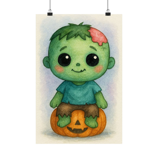 Cute Baby Zombie Halloween Wall Art Poster – Watercolor Monster Print on Pumpkin – Whimsical Nursery & Holiday Decor