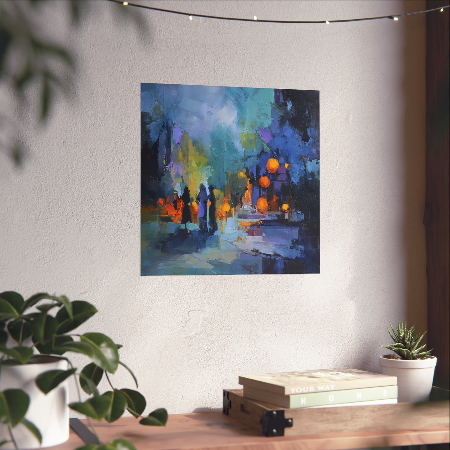 Halloween Abstract Street Scene Fine Art Print – Colorful Nighttime Pumpkin Lantern Wall Art, Spooky Autumn Decor Poster