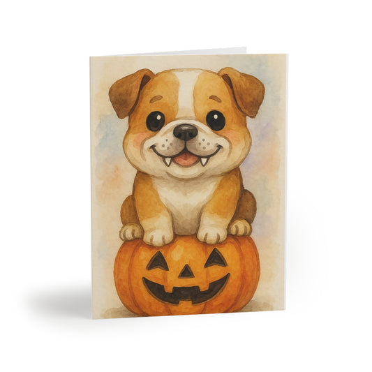 Halloween English Bulldog Puppy Greeting Card – Cute Puppy Monster on Pumpkin – Spooky Cute Monster Card for Dog Lovers