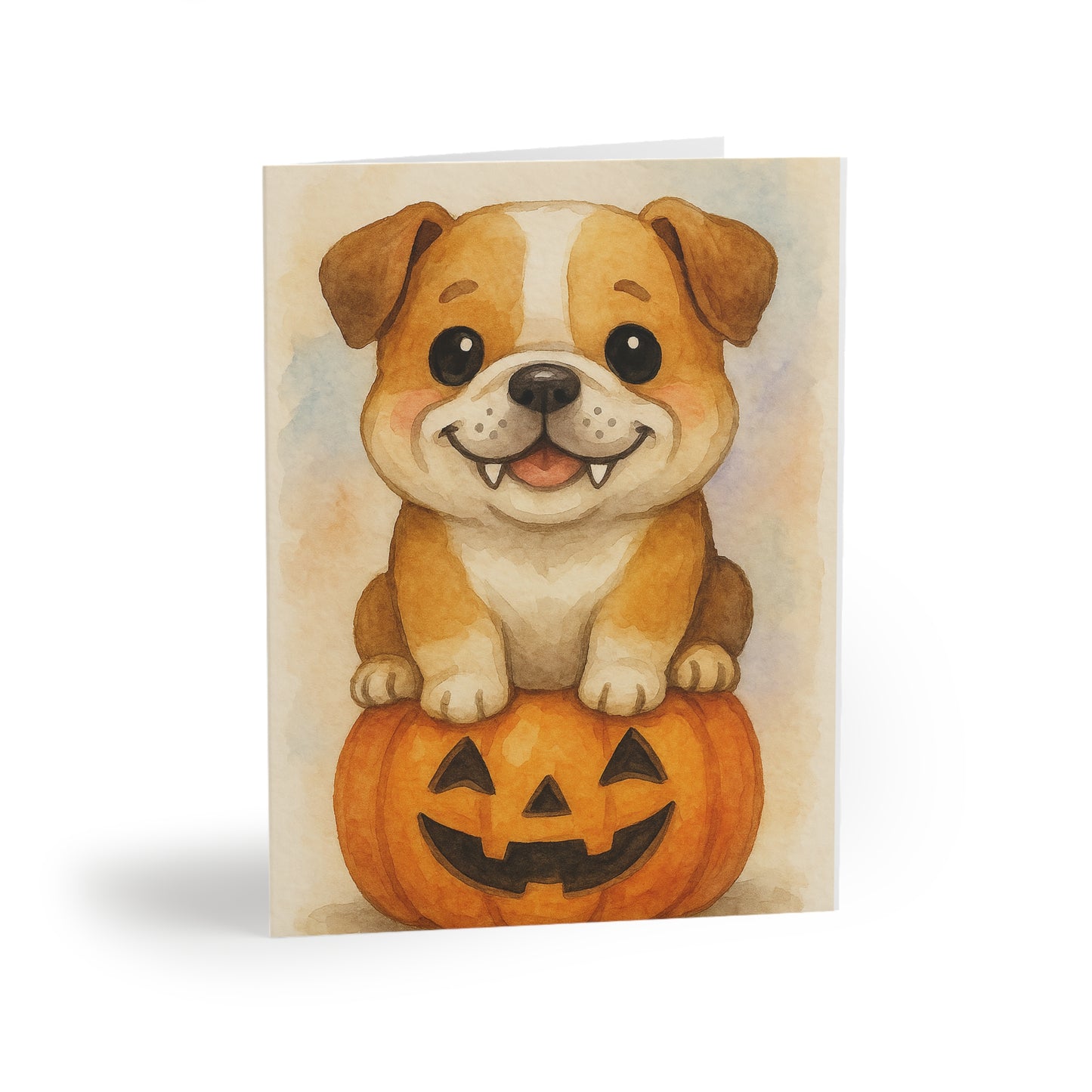Halloween English Bulldog Puppy Greeting Card – Cute Puppy Monster on Pumpkin – Spooky Cute Monster Card for Dog Lovers