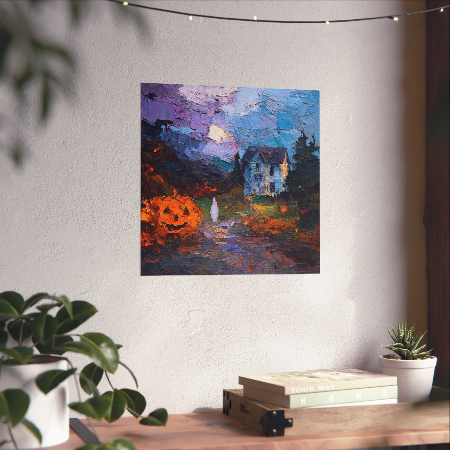 Halloween Haunted House Abstract Fine Art Print – Spooky Crow Sunset Painting, Autumn Wall Decor Poster, Gothic Fall Artwork