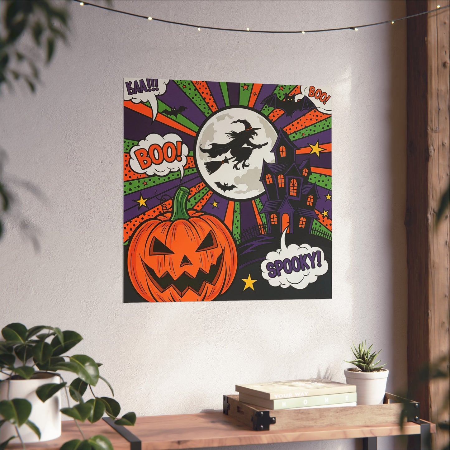 Halloween Pop Art Poster – Witch, Haunted House & Pumpkin Wall Décor with Retro Comic Style