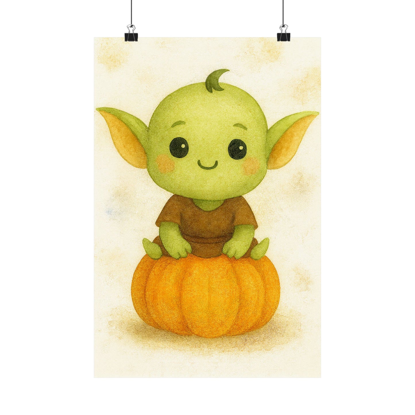 Cute Baby Goblin Monster Halloween Wall Art Poster – Watercolor Monster Print on Pumpkin – Whimsical Nursery & Holiday Decor
