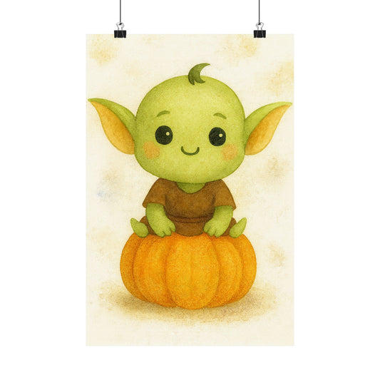 Cute Baby Goblin Monster Halloween Wall Art Poster – Watercolor Monster Print on Pumpkin – Whimsical Nursery & Holiday Decor