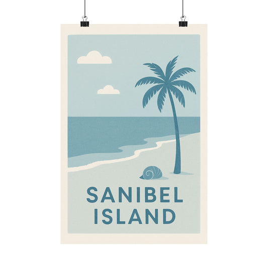 Sanibel Island Poster – Blue Tones - Retro Beach Travel Wall Art, Seashell & Palm Tree Coastal Print, Florida Vintage Decor