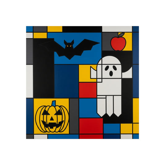Modern Halloween Abstract Fine Art Print – Geometric Ghost, Bat & Pumpkin Wall Art Poster, Mondrian Style Contemporary Decor