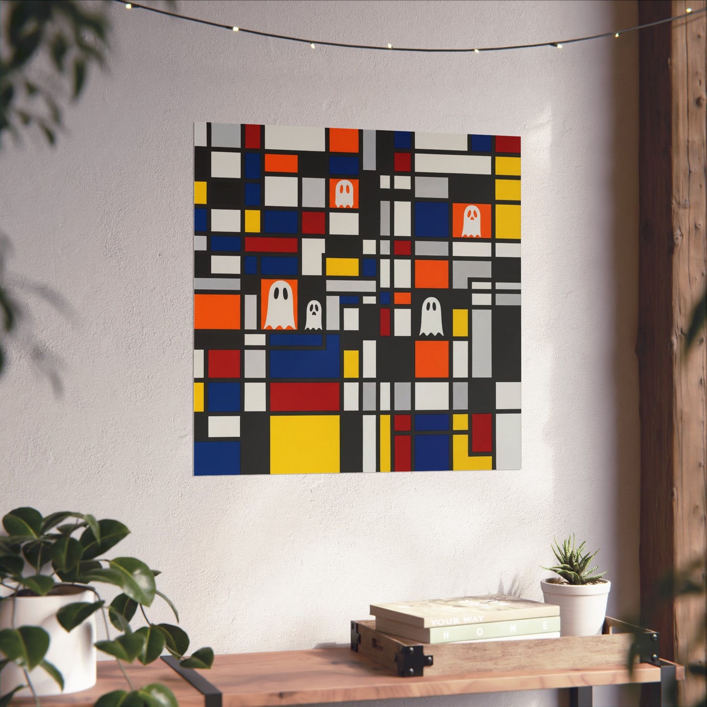 Modern Halloween Ghost Fine Art Print – Mondrian Style Abstract Wall Art Poster, Contemporary Spooky Autumn Decor