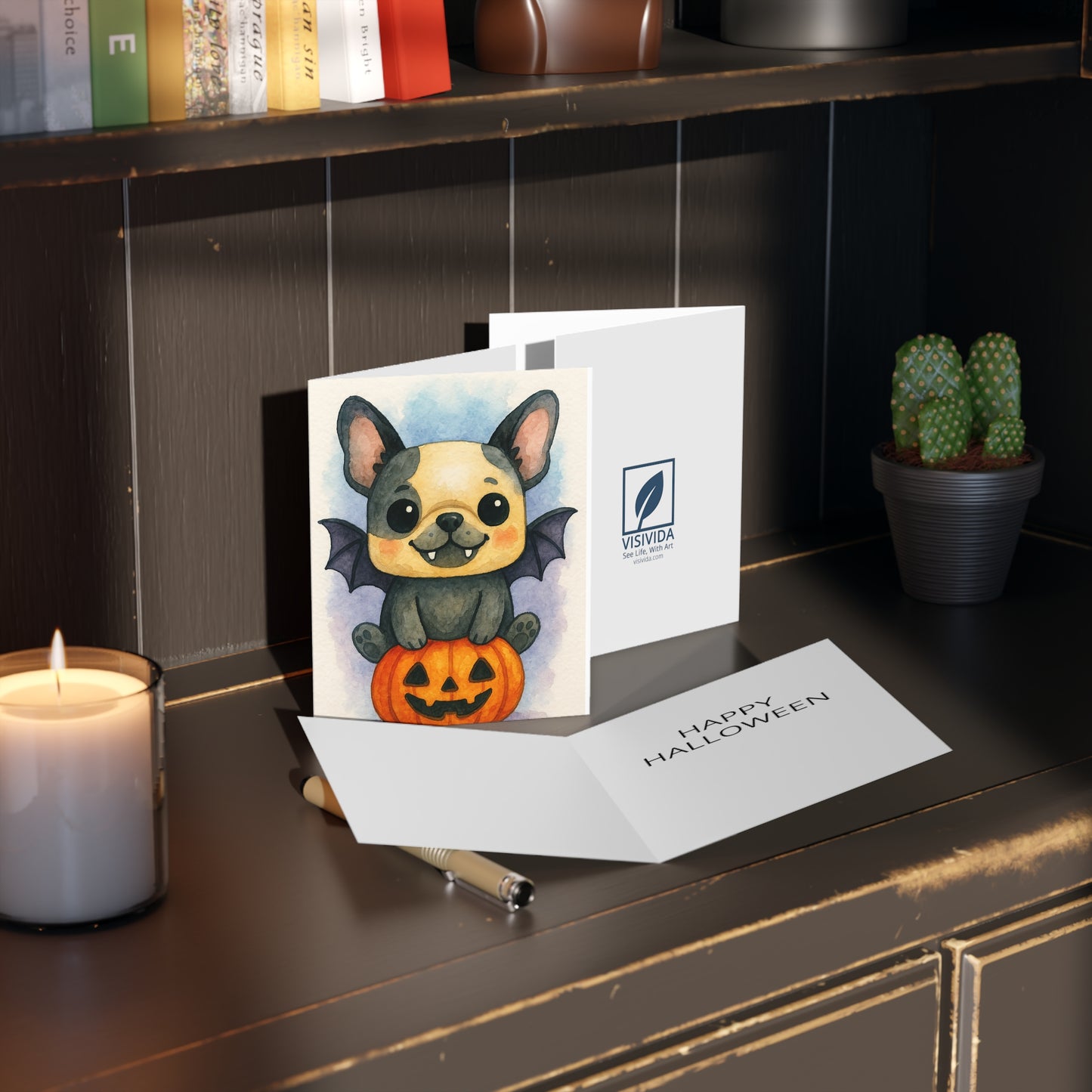 Halloween French Bulldog Puppy Greeting Card – Cute Puppy Monster on Pumpkin – Spooky Cute Monster Card for Dog Lovers