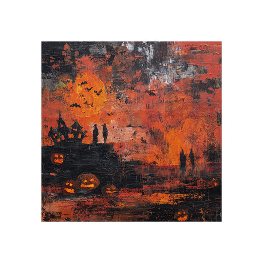 Haunted Halloween Abstract Fine Art Print – Spooky Pumpkin & Haunted House Wall Art, Gothic Autumn Decor Poster, Bats and Moon Painting