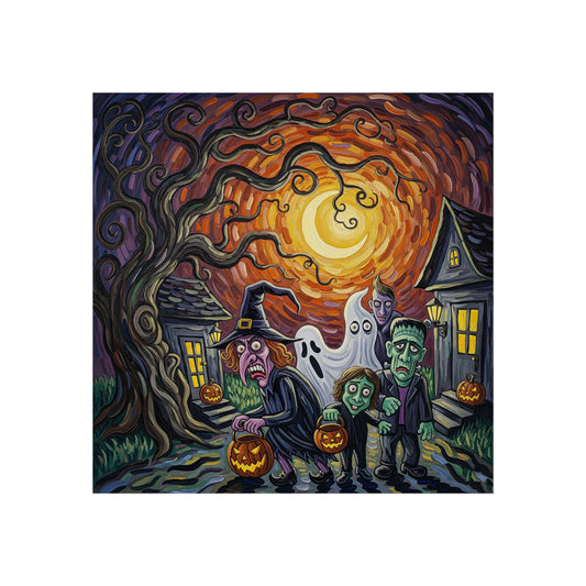 Halloween Monsters Fine Art Print – Post-Impressionist Wall Art Poster with Witch, Ghost, Frankenstein & Spooky Night Scene