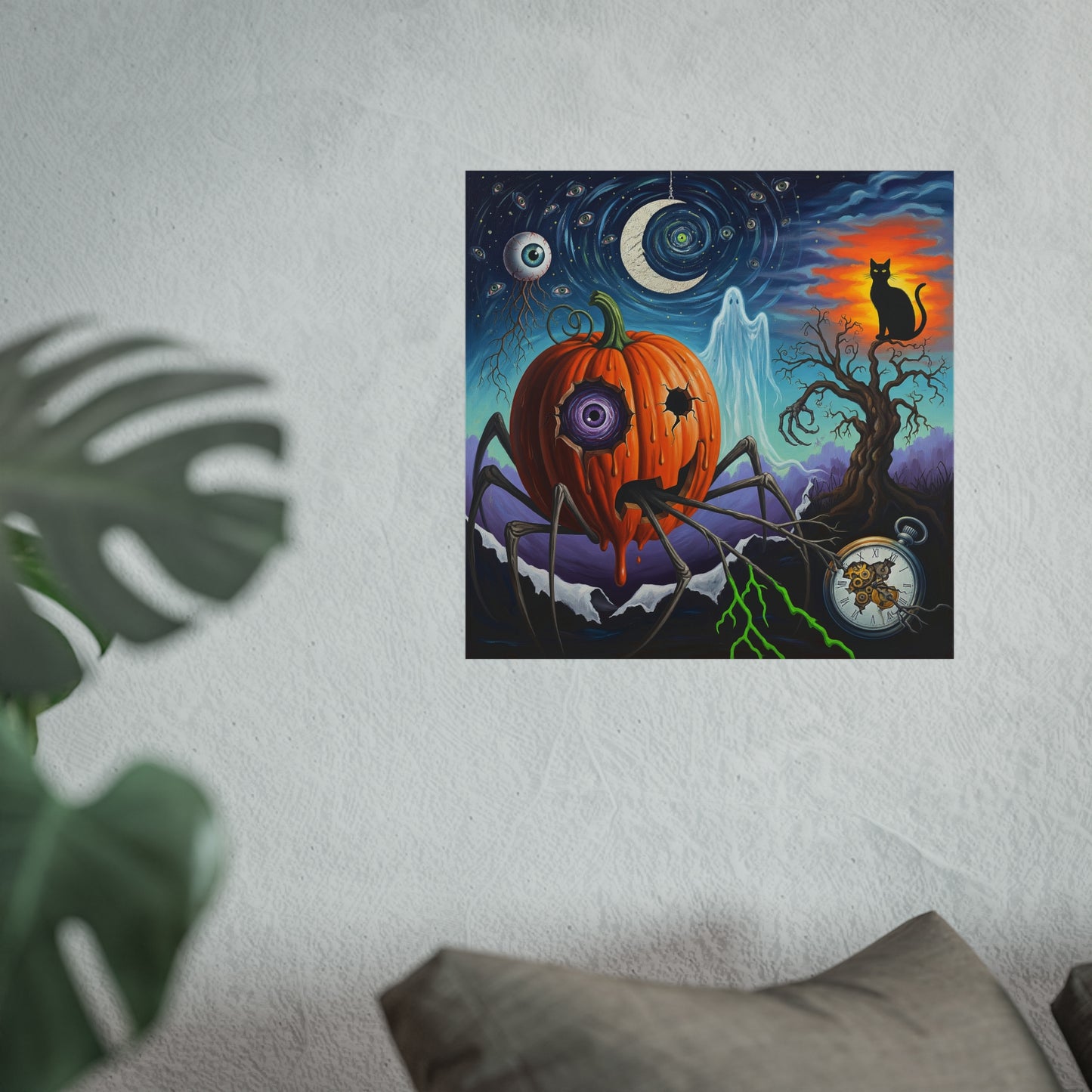 Surreal Halloween Fine Art Print – Spooky Pumpkin Spider, Ghost, Black Cat & Moon Wall Art Poster, Gothic Surrealism Decor