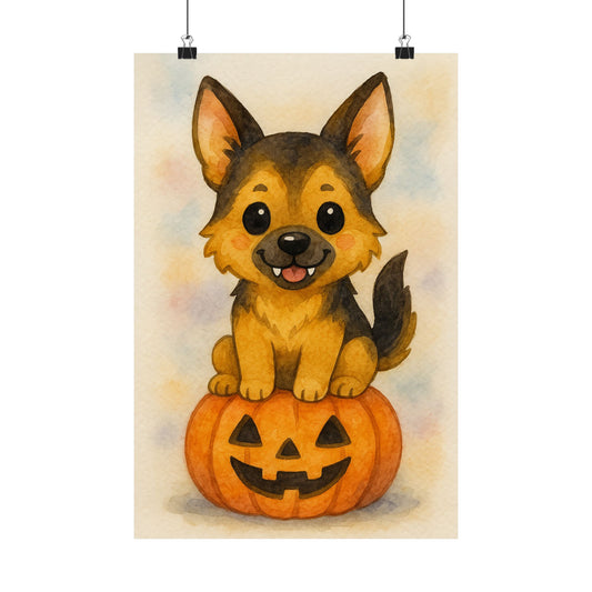 Cute Halloween Puppy Monster Print – German Shepherd Puppy on Jack-o’-Lantern Pumpkin | Watercolor Dog Wall Art for Fall & Halloween Décor
