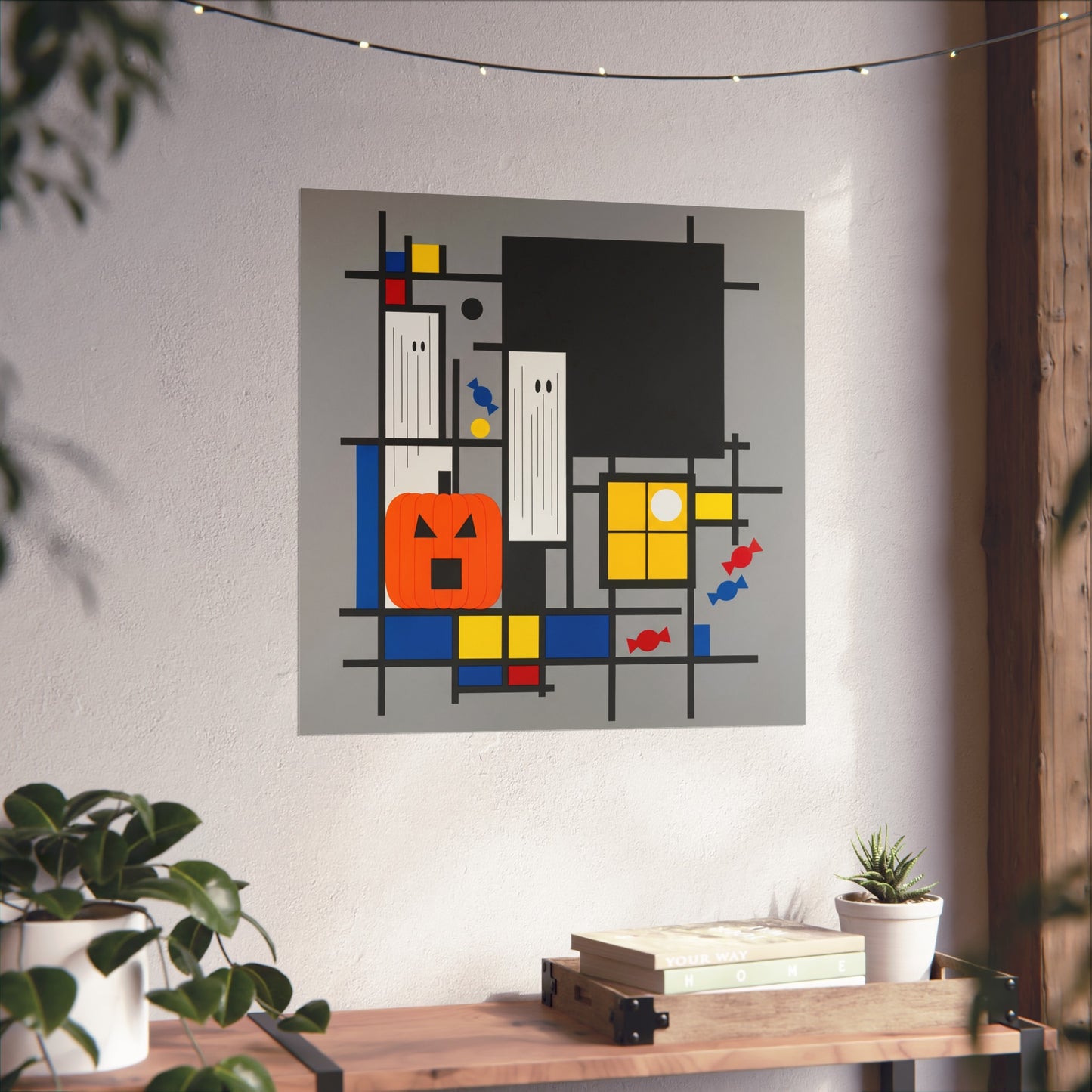 Modern Halloween Abstract Fine Art Print – Geometric Pumpkin, Ghosts & Candy Wall Art Poster, Mondrian Style Contemporary Decor