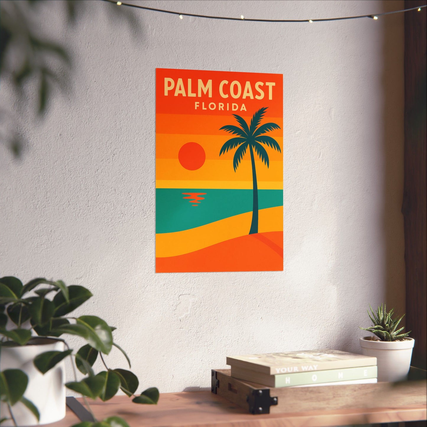 Palm Coast Beach Poster – Retro Travel Print, Tropical Palm Tree & Sunset Wall Art, Coastal Landscape Décor (Various Sizes)