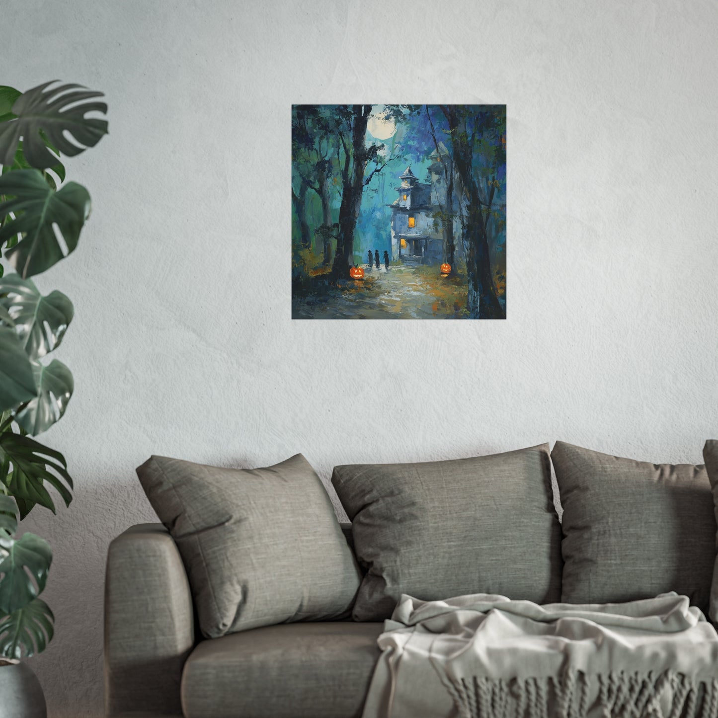 Haunted House Halloween Fine Art Poster – Spooky Jack-O’-Lanterns & Witches Wall Décor