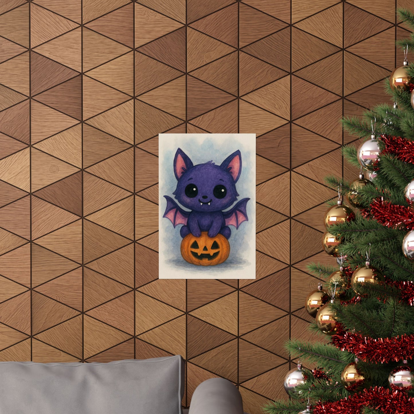 Cute Baby Bat Halloween Wall Art Poster – Watercolor Monster Print on Pumpkin – Whimsical Nursery & Holiday Decor