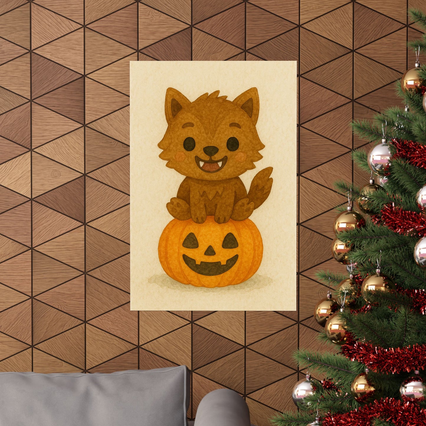 Cute Baby Werewolf Halloween Wall Art Poster – Watercolor Monster Print on Pumpkin – Whimsical Nursery & Holiday Decor