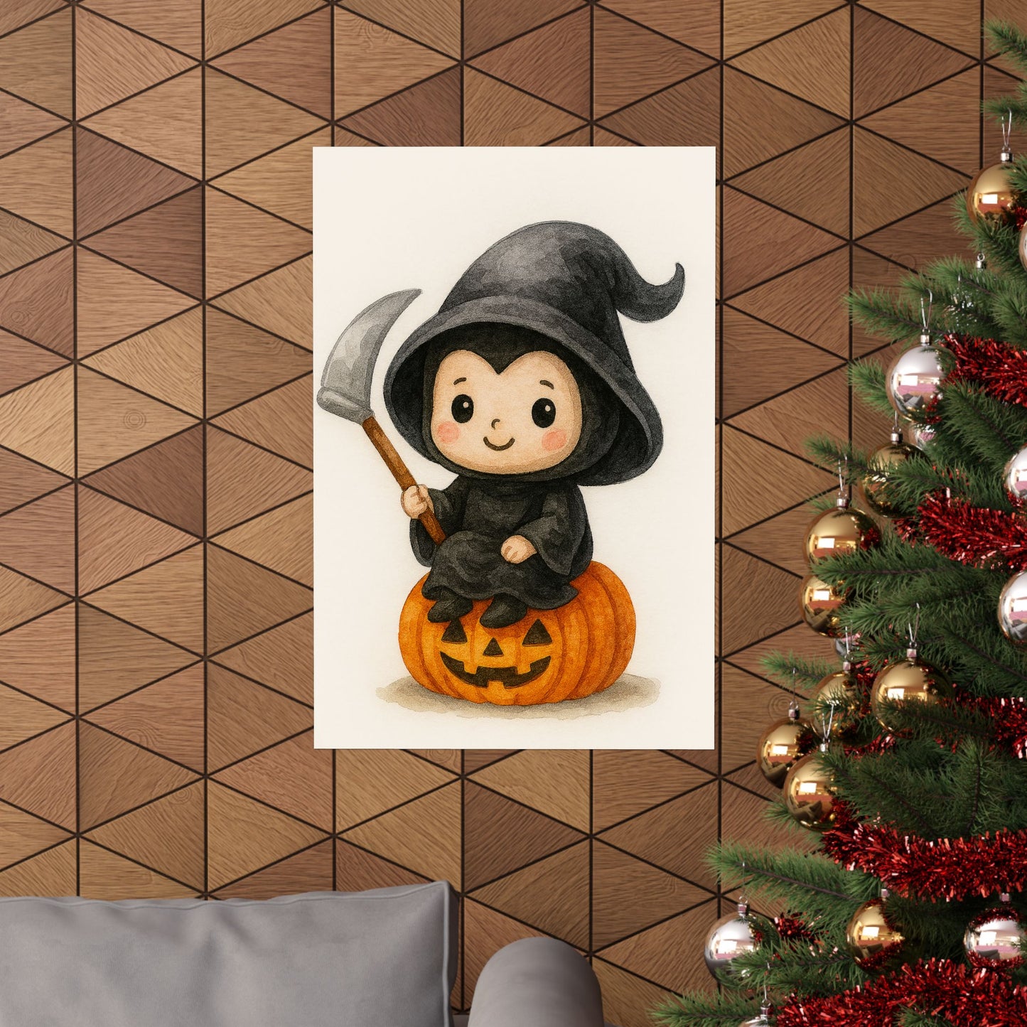 Cute Baby Grim Reaper Halloween Wall Art Poster – Watercolor Monster Print on Pumpkin – Whimsical Nursery & Holiday Decor