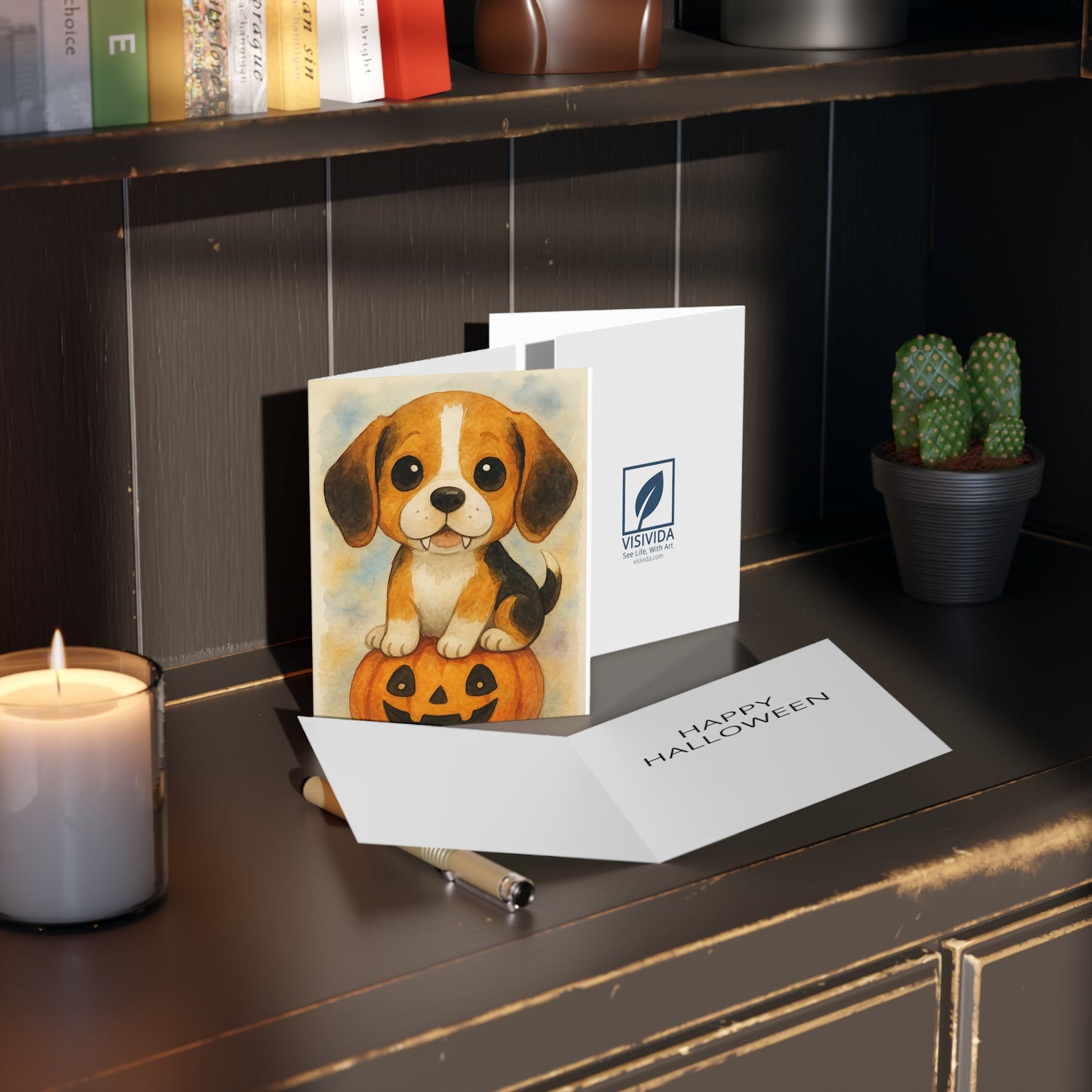 Halloween Beagle Puppy Greeting Card – Cute Puppy Monster on Pumpkin – Spooky Cute Monster Card for Dog Lovers