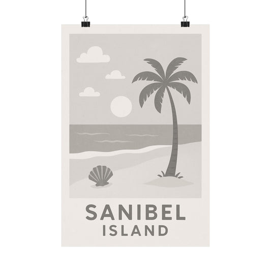 Sanibel Island Poster – Grey Tones - Retro Beach Travel Wall Art, Seashell & Palm Tree Coastal Print, Florida Vintage Decor