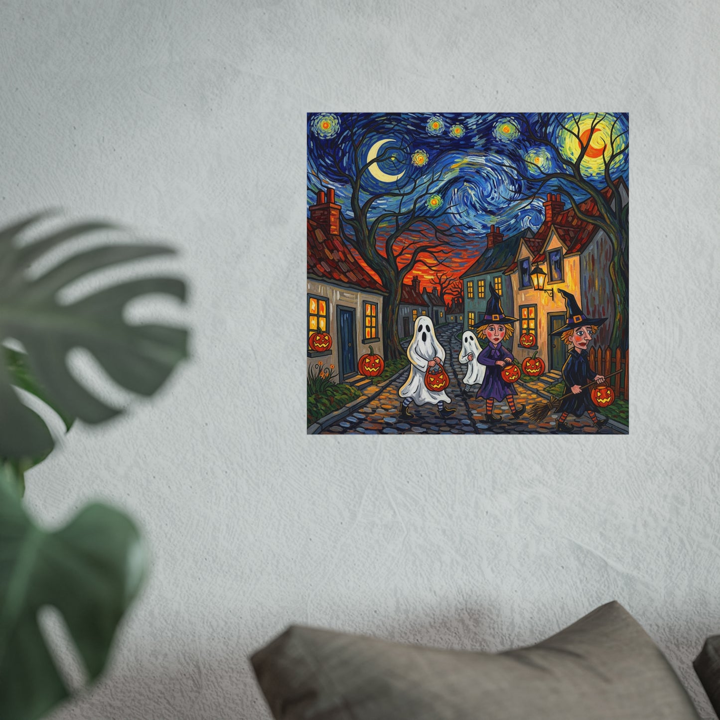 Halloween Trick-or-Treat Fine Art Print – Post-Impressionist Witches, Ghosts & Pumpkins Wall Art Poster