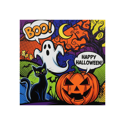 Halloween Pop Art Fine Art Print – Colorful Ghost, Black Cat & Pumpkin Wall Art Poster, Retro Comic Style Spooky Decor
