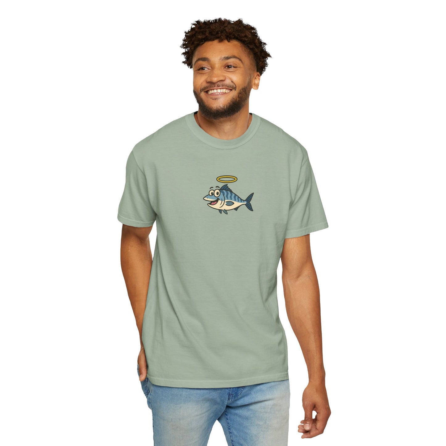 Man wearing a light green t-shirt with a fish graphic on a white background