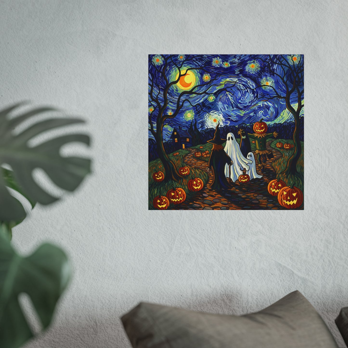 Halloween Trick-or-Treat Fine Art Poster – Post-Impressionist Witches, Ghosts & Pumpkin Lantern Wall Art