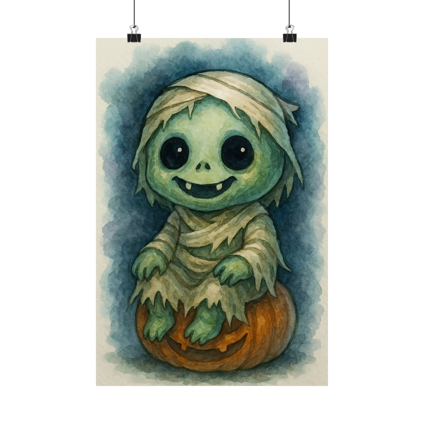 Cute Baby Ghoul Monster Halloween Wall Art Poster – Watercolor Monster Print on Pumpkin