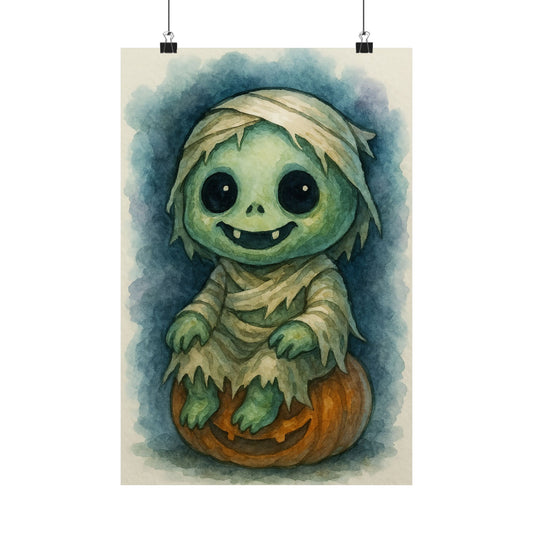 Cute Baby Ghoul Monster Halloween Wall Art Poster – Watercolor Monster Print on Pumpkin