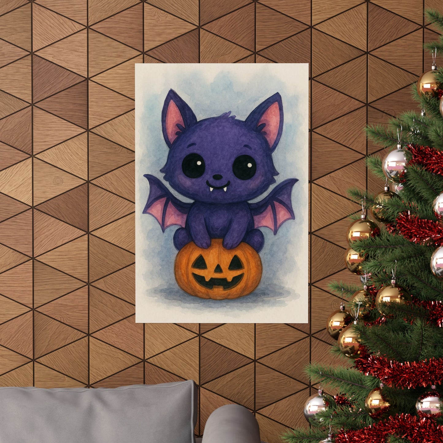 Cute Baby Bat Halloween Wall Art Poster – Watercolor Monster Print on Pumpkin – Whimsical Nursery & Holiday Decor