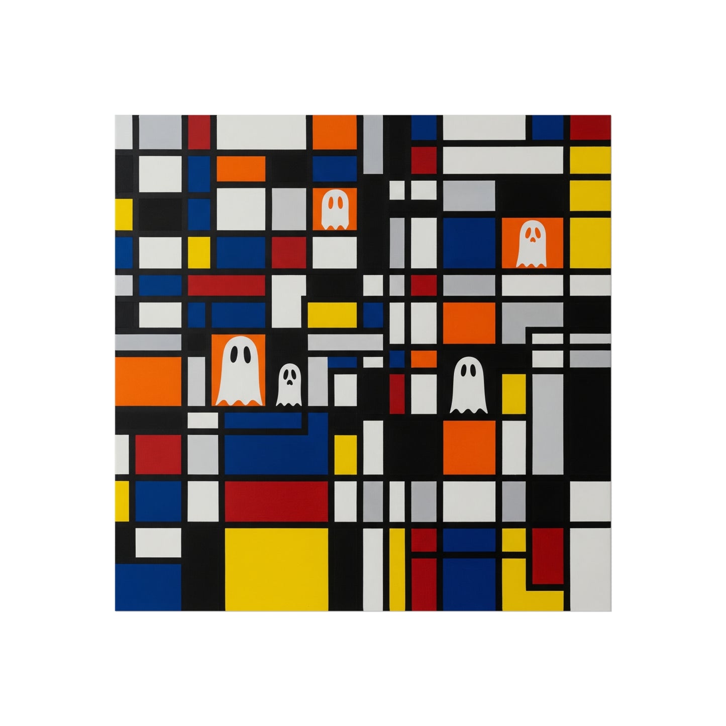 Modern Halloween Ghost Fine Art Print – Mondrian Style Abstract Wall Art Poster, Contemporary Spooky Autumn Decor