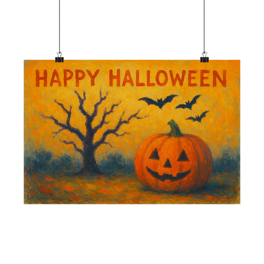 Happy Halloween Pumpkin & Bats Poster – Spooky Wall Art, Print or Download, Autumn Holiday Wall Art