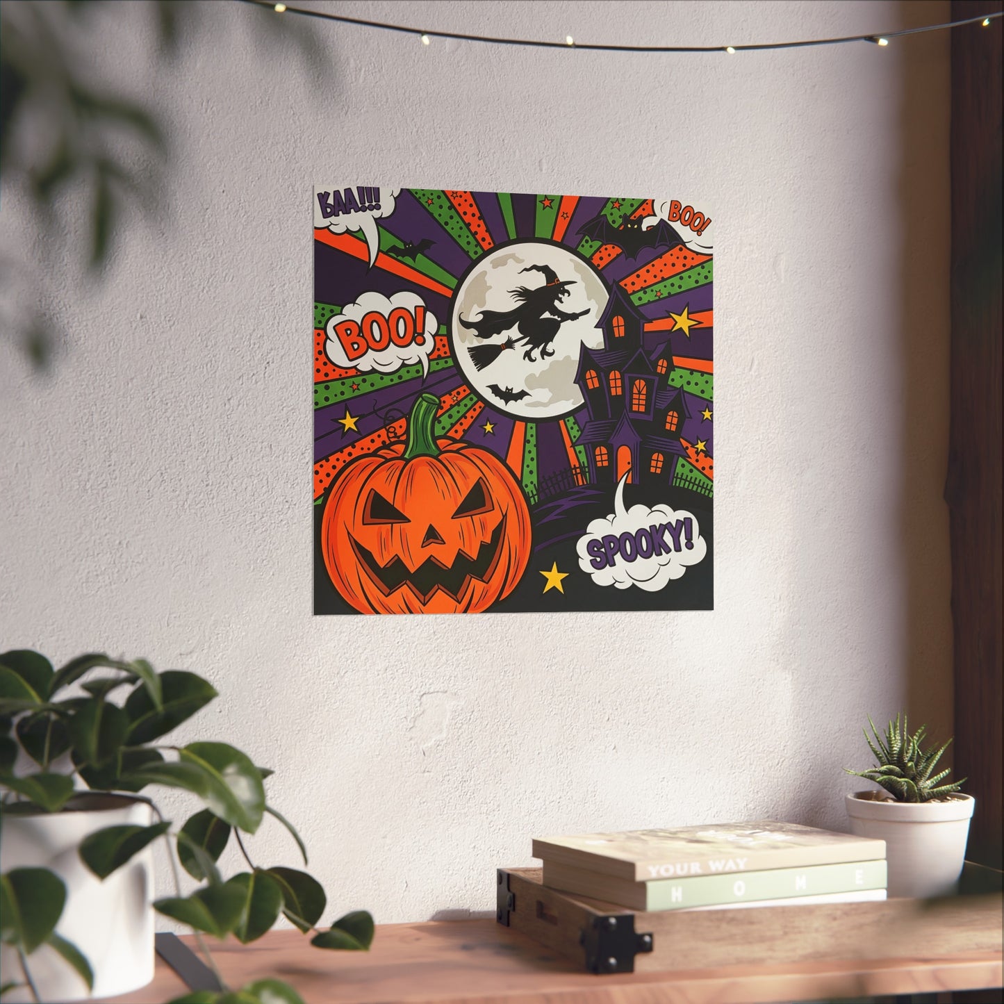 Halloween Pop Art Poster – Witch, Haunted House & Pumpkin Wall Décor with Retro Comic Style