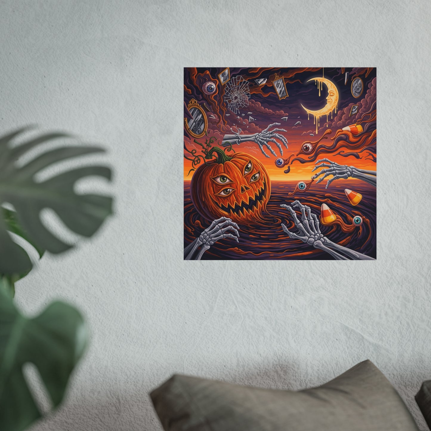 Surreal Halloween Fine Art Print – Three-Eyed Pumpkin, Skeleton Hands & Dripping Moon Wall Art Poster, Gothic Surrealism Decor