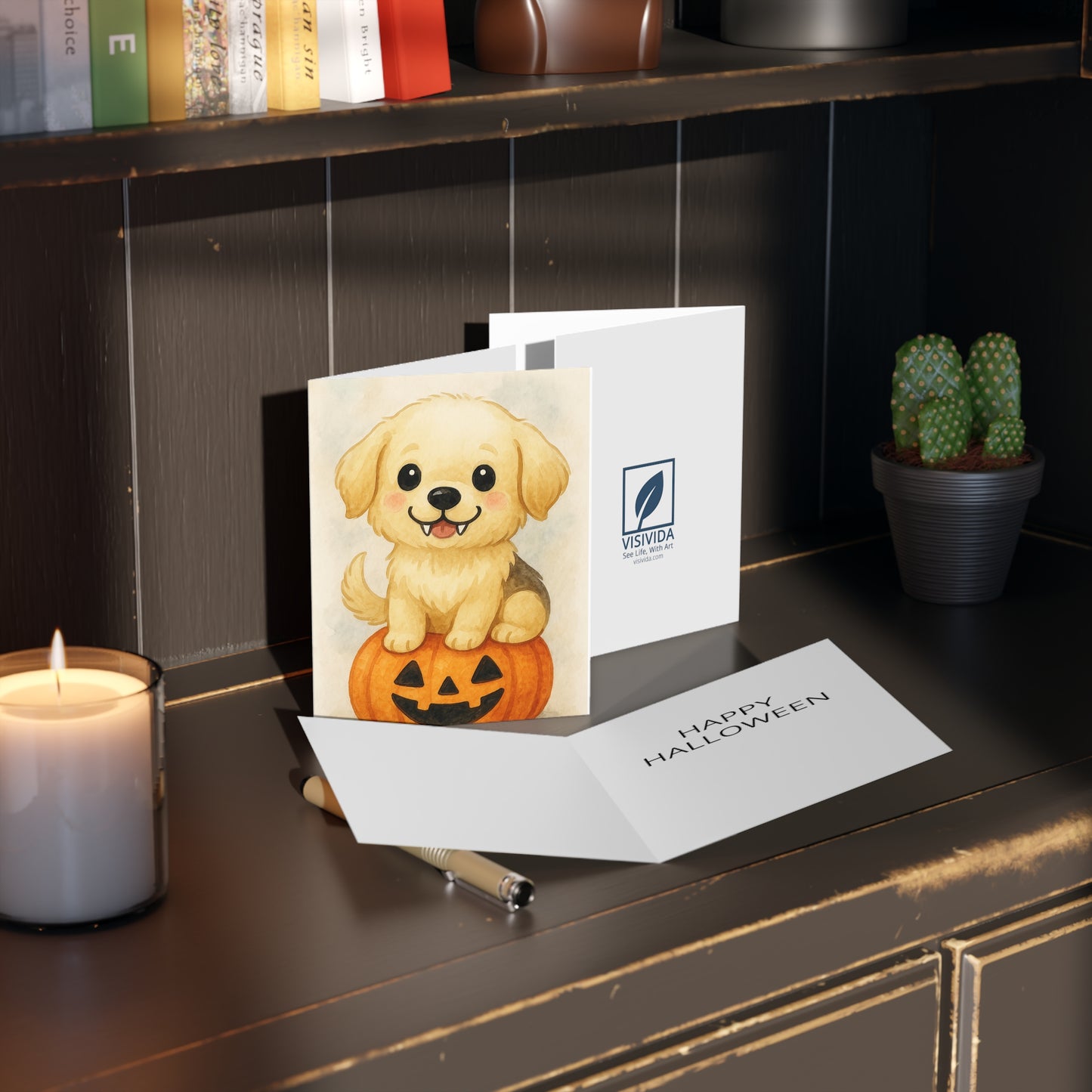 Halloween Golden Retriever Puppy Greeting Card – Cute Puppy Monster on Pumpkin – Spooky Cute Monster Card for Dog Lovers