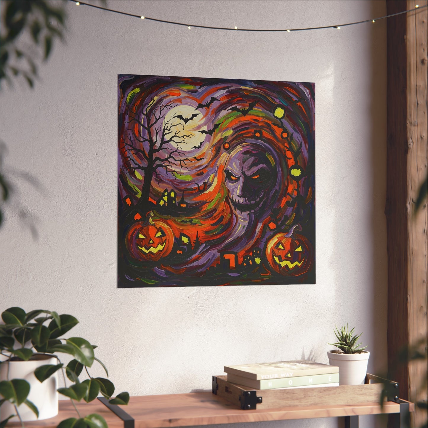 Halloween Abstract Expressionist Fine Art Print β Spooky Skull & Pumpkin Wall Art Poster, Haunted Night Decor with Bats and Full Moon