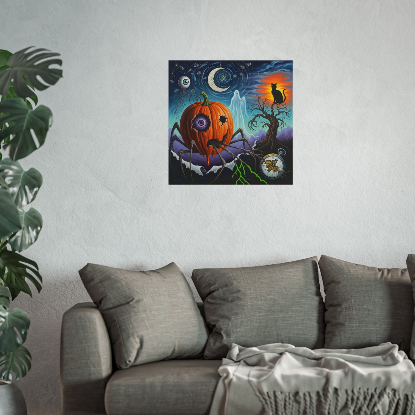 Surreal Halloween Fine Art Print – Spooky Pumpkin Spider, Ghost, Black Cat & Moon Wall Art Poster, Gothic Surrealism Decor