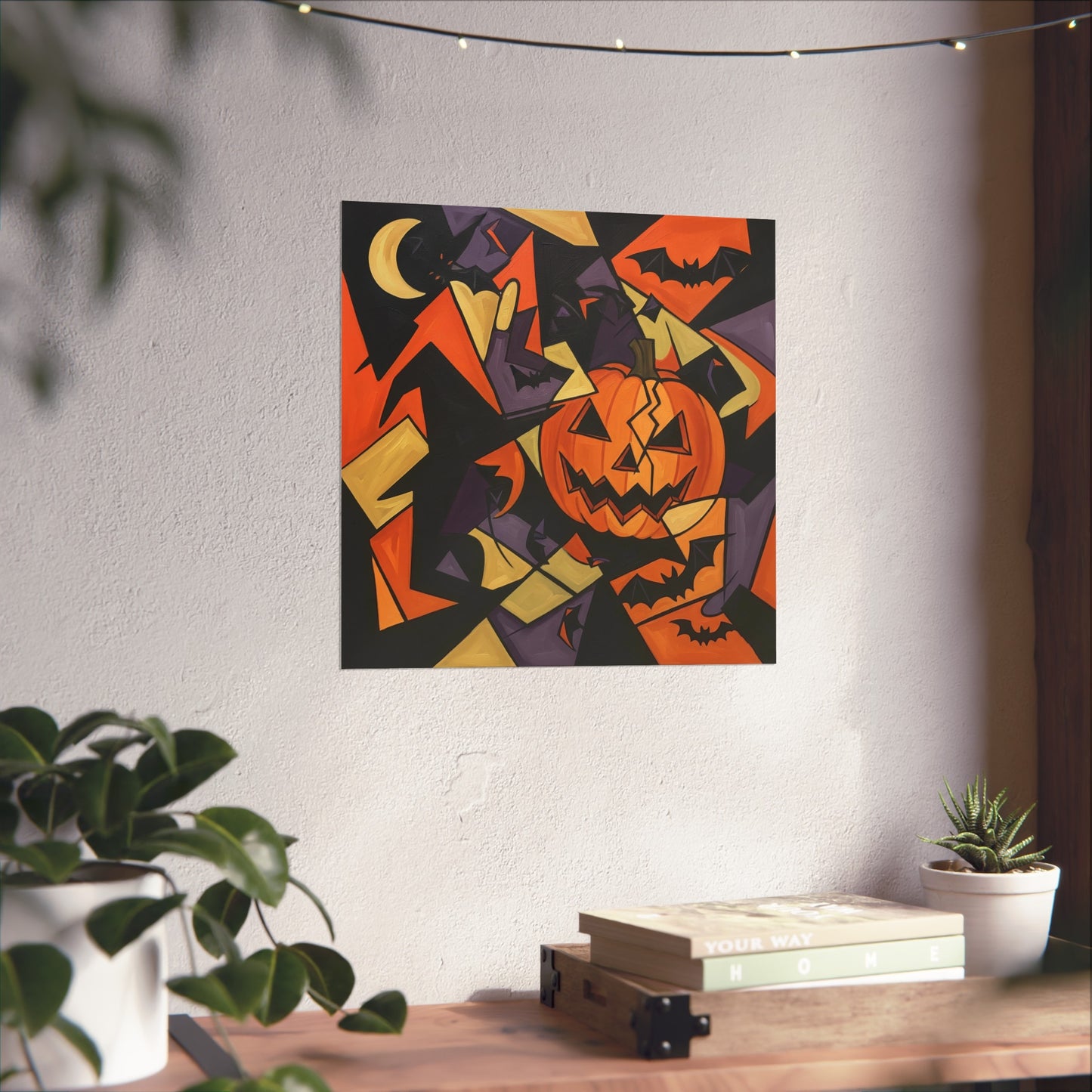 Halloween Cubist Abstract Fine Art Print β Geometric Pumpkin & Bat Wall Art Poster, Modern Spooky Autumn Decor
