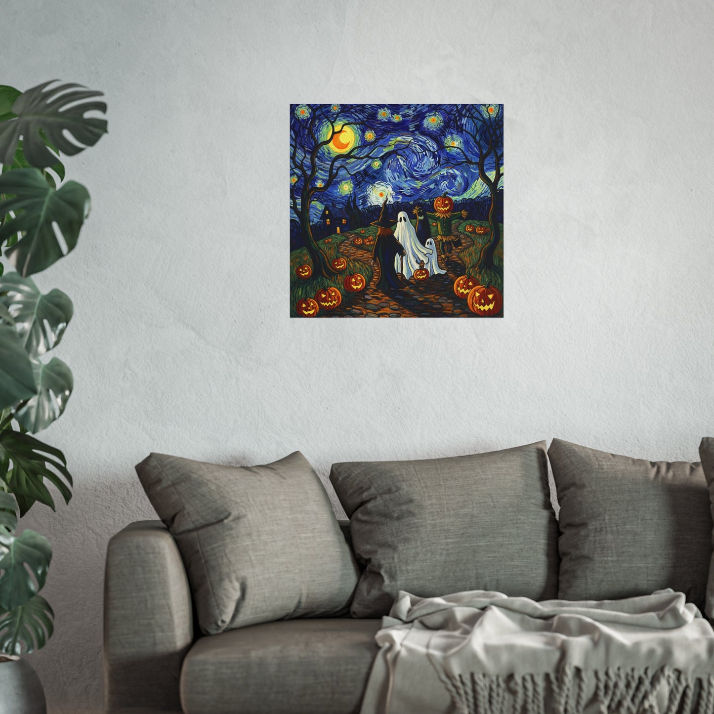 Halloween Trick-or-Treat Fine Art Poster – Post-Impressionist Witches, Ghosts & Pumpkin Lantern Wall Art