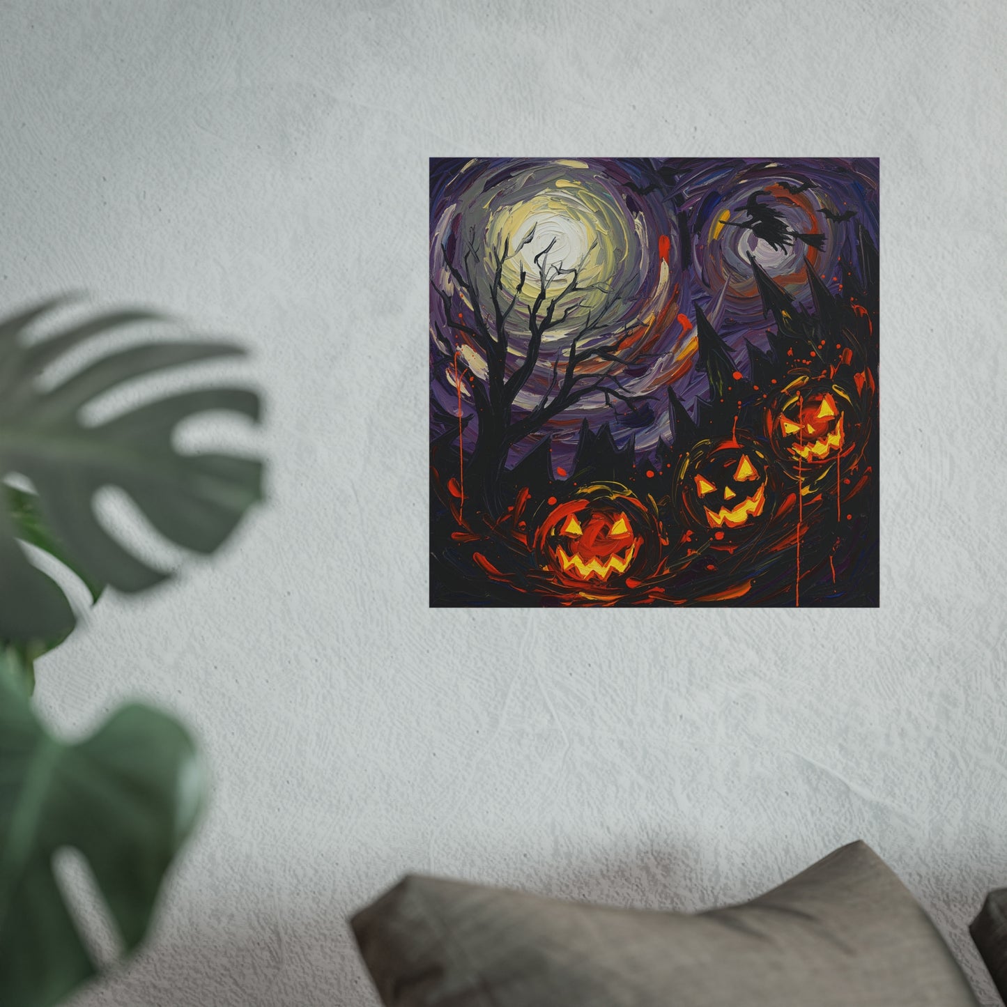 Halloween Pumpkins Fine Art Print – Post-Impressionist Haunted Night Wall Art Poster with Witch & Full Moon