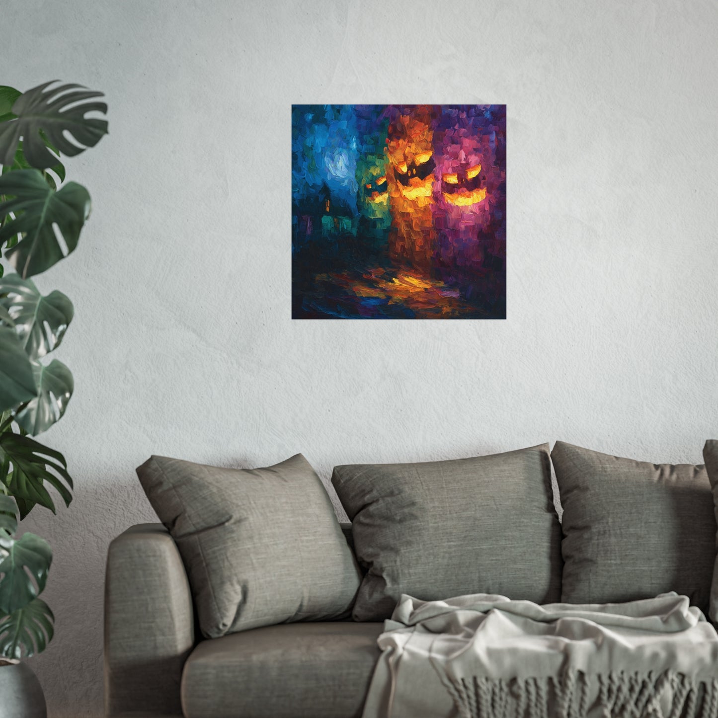 Abstract Halloween Fine Art Print – Glowing Jack-o’-Lantern Faces & Haunted House Wall Art Poster, Colorful Impressionist Decor