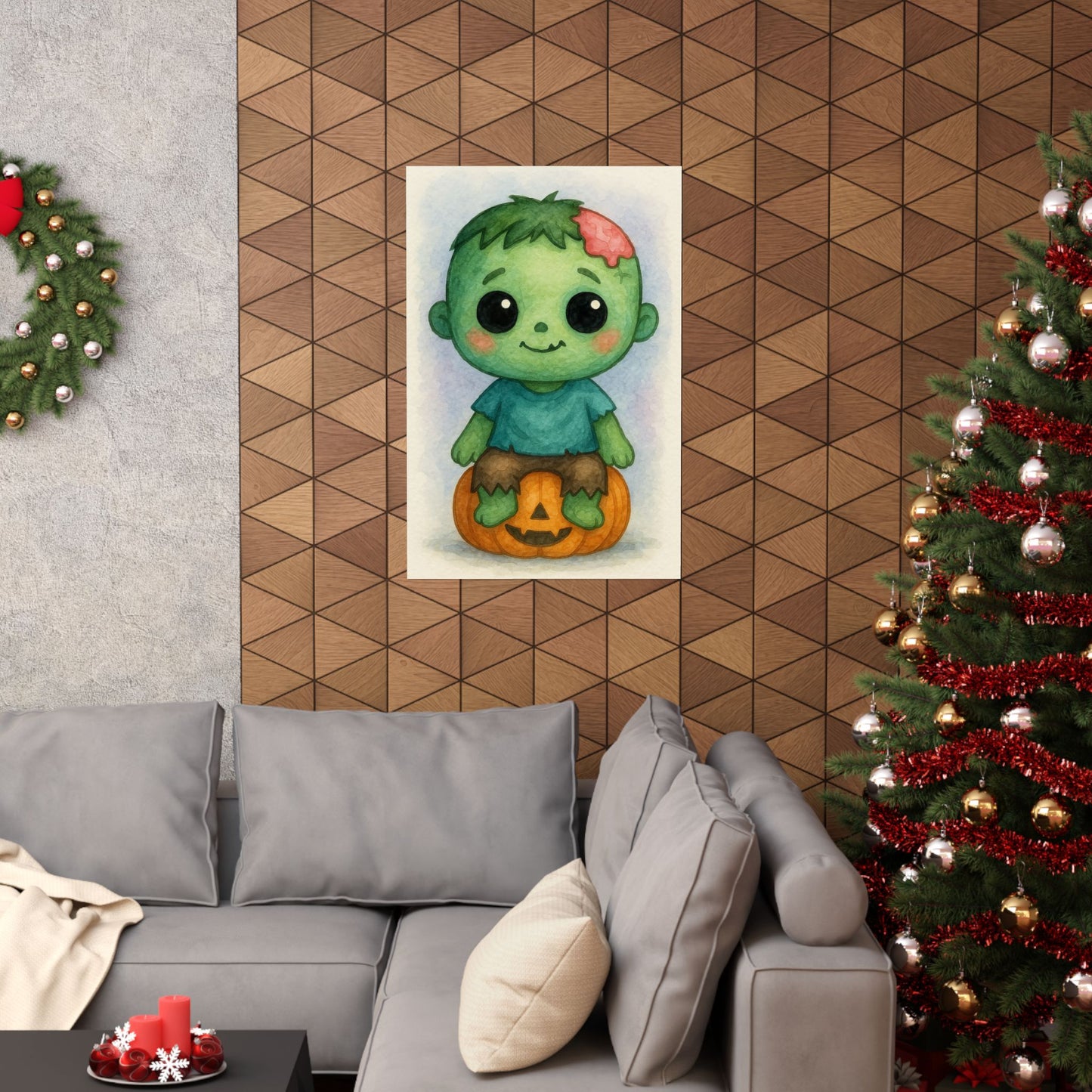Cute Baby Zombie Halloween Wall Art Poster – Watercolor Monster Print on Pumpkin – Whimsical Nursery & Holiday Decor