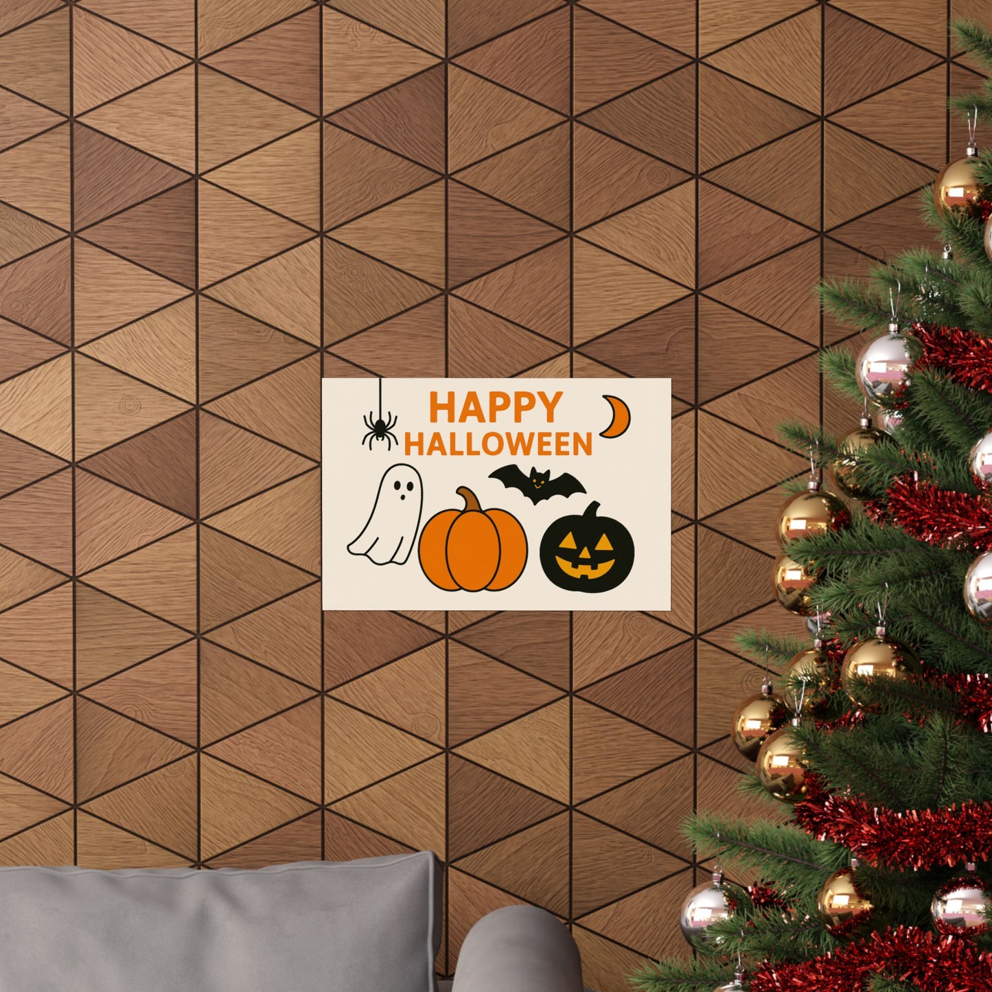 Happy Halloween Minimalist Poster – Cute Ghost, Pumpkin, Bat & Spider Wall Art | Print or Download