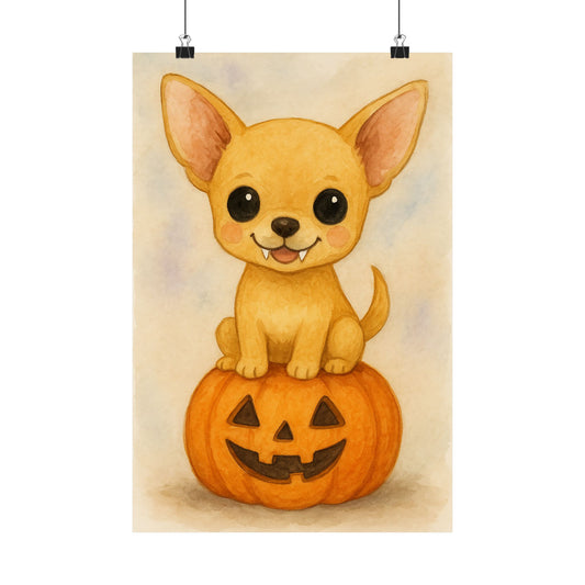Cute Halloween Puppy Monster Print – Chihuahua Puppy on Jack-o’-Lantern Pumpkin | Watercolor Dog Wall Art for Fall & Halloween Décor