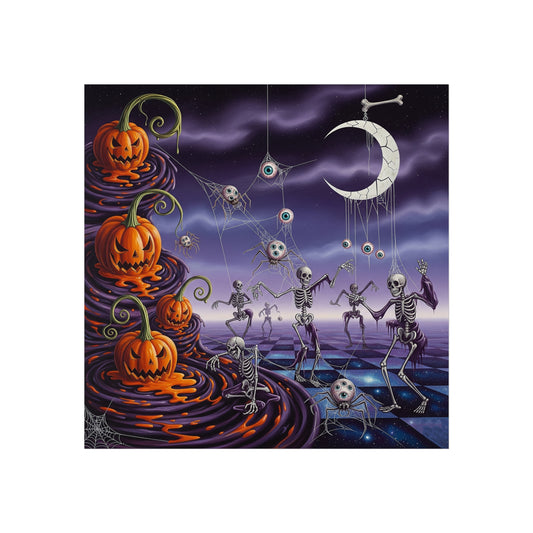 Surreal Halloween Fine Art Print – Dancing Skeletons, Melting Pumpkins & Gothic Moon Wall Art Poster, Spooky Surrealism Decor