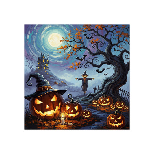 Halloween Pumpkin Patch Fine Art Print – Haunted House & Scarecrow Night Scene Wall Art Poster, Painterly Gothic Autumn Decor