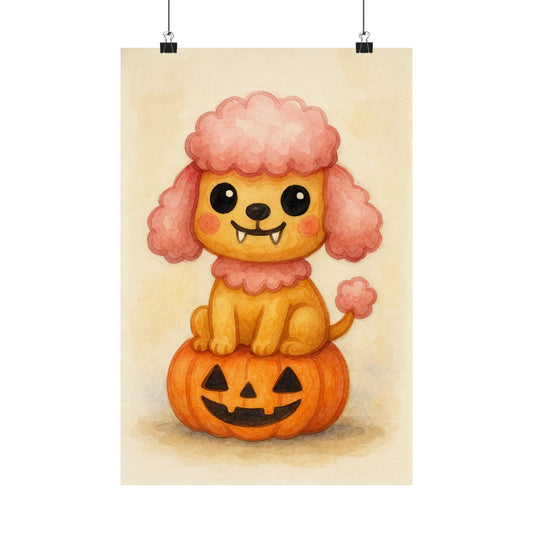 Cute Halloween Puppy Monster Print – Poodle Puppy on Jack-o’-Lantern Pumpkin | Watercolor Dog Wall Art for Fall & Halloween Décor