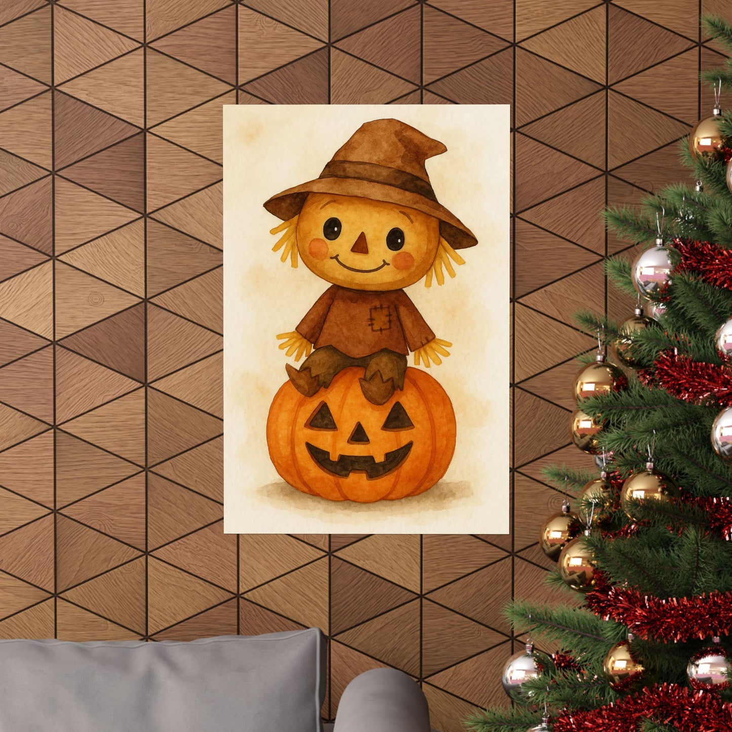 Cute Baby Scarecrow Halloween Wall Art Poster – Watercolor Monster Print on Pumpkin – Whimsical Nursery & Holiday Decor