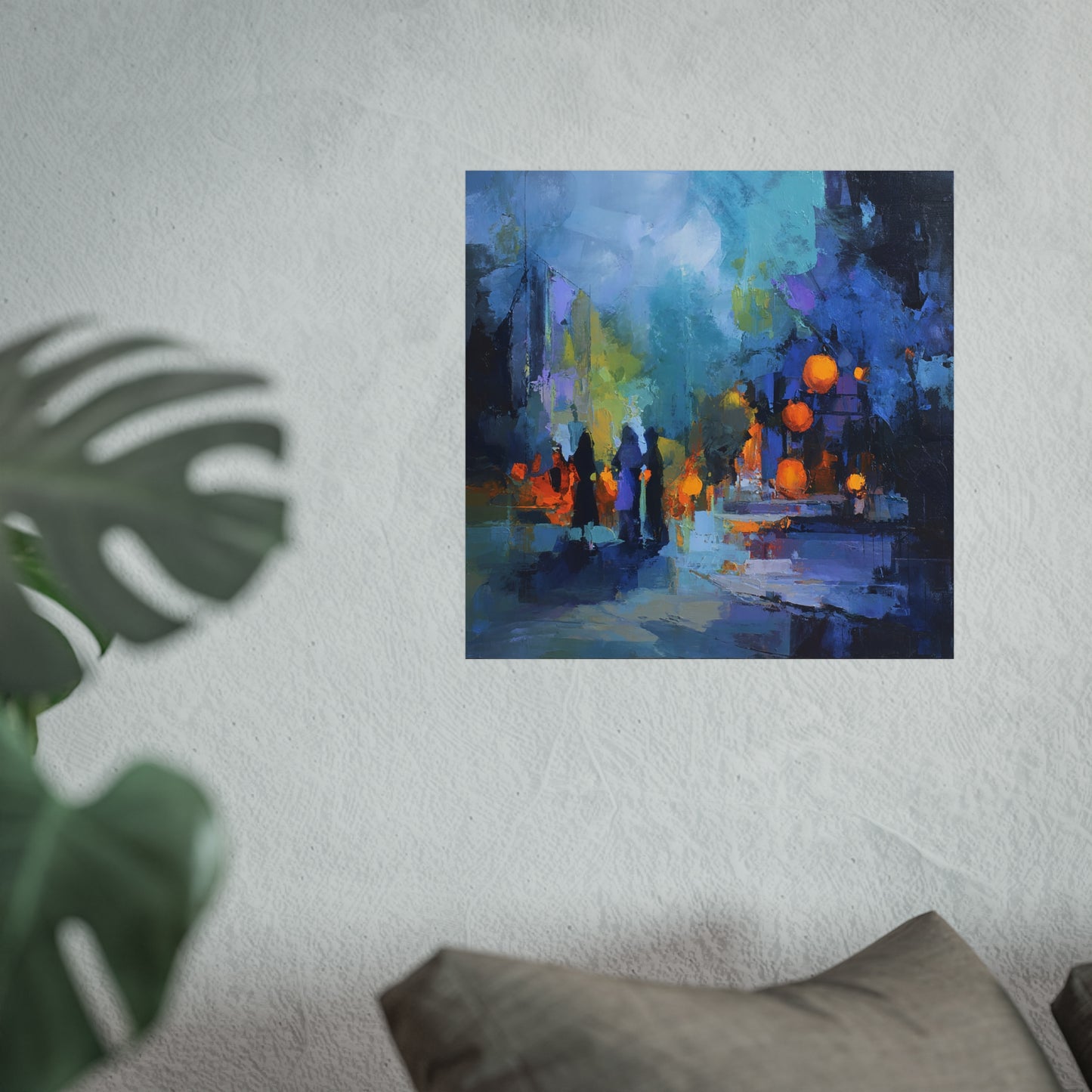Halloween Abstract Street Scene Fine Art Print – Colorful Nighttime Pumpkin Lantern Wall Art, Spooky Autumn Decor Poster
